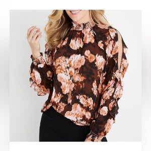 Nwt Maurices Long Split/Open Sleeve High Neck Blouse Brown Floral Rayon Keyhole